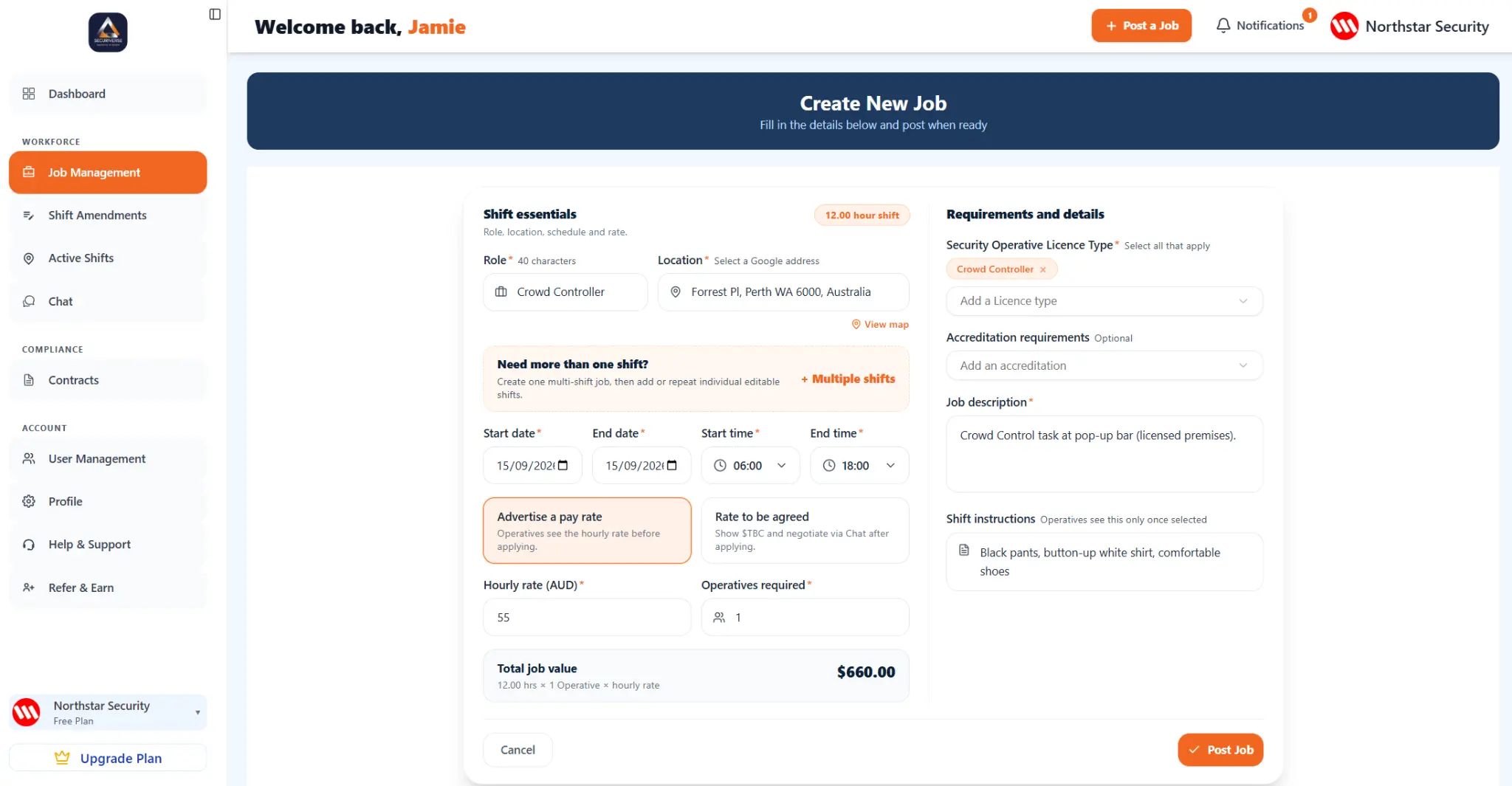Genuine Securiverse Company portal showing Jamie creating a populated Crowd Controller job for Northstar Security